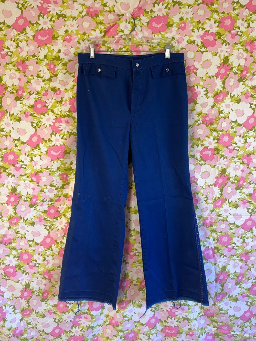 Y2K Navy Flare Pants Red White Blue Detail Low Rise Raw Hem